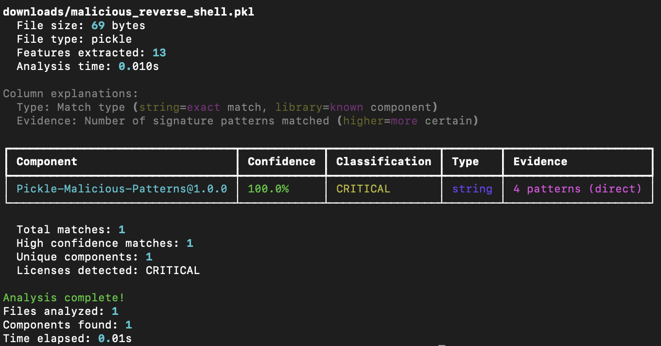 BinarySniffer scan results